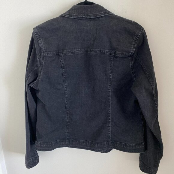 Distressed Vintage BLOSSOM Button Down Women Denim Jacket Black Classic Fit Sz L - Picture 2 of 6